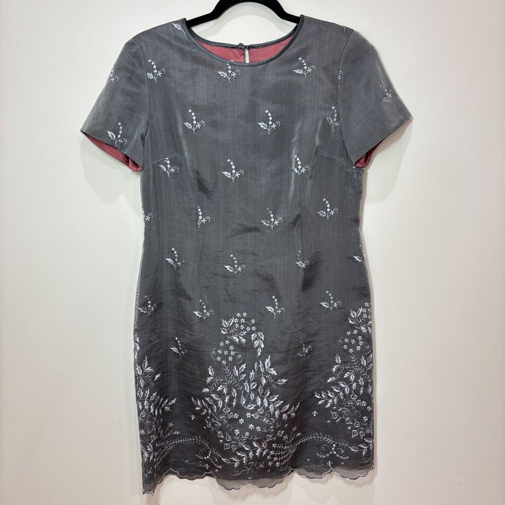 Talbots Vintage Embroidered Silk Dress Gray Women 10 Floral Sheath Elegant Chic
